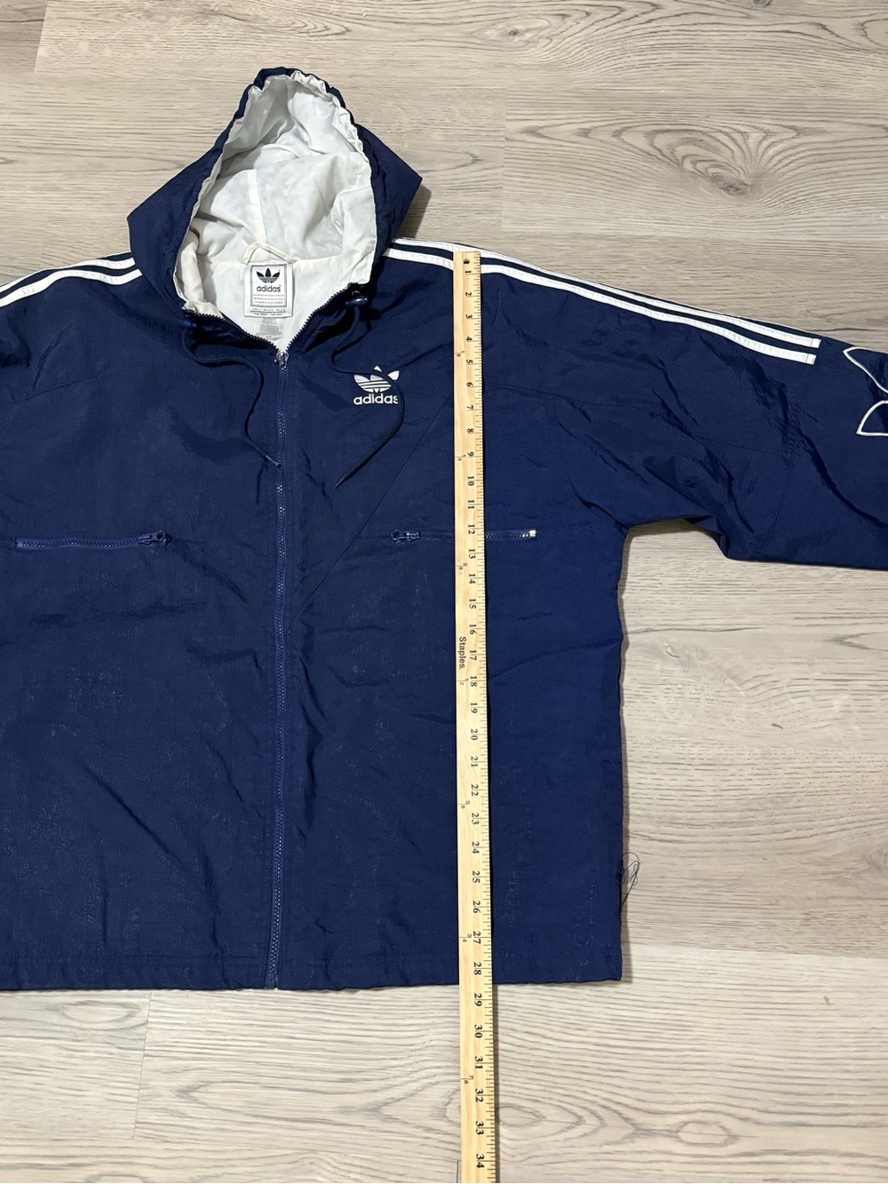 Vintage Adidas Windbreaker Jacket L Navy Trefoil Embroidered 3 Stripe Hooded - Picture 8 of 11